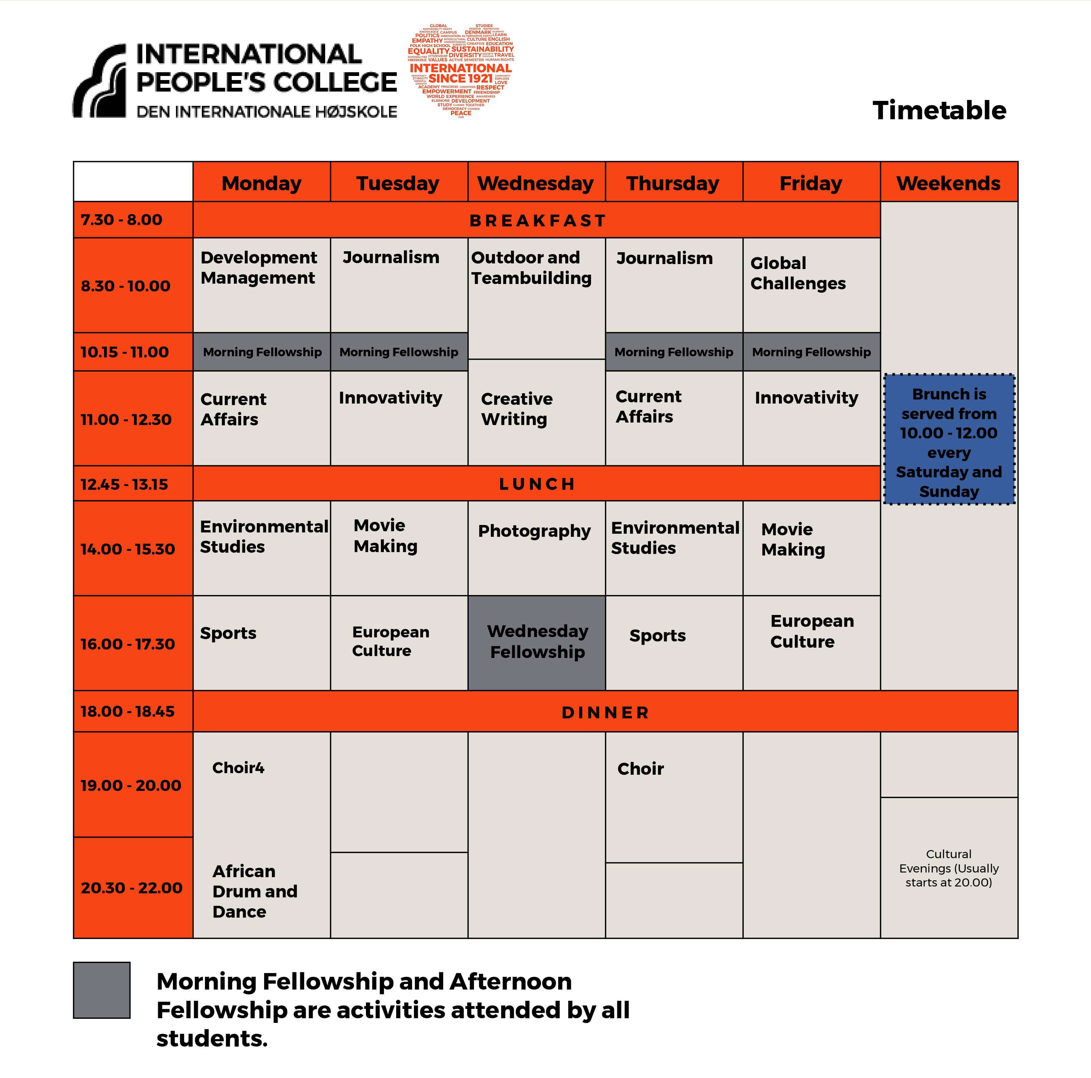 Folk High School Timetable at International People's College in Denmark - Tada Lee