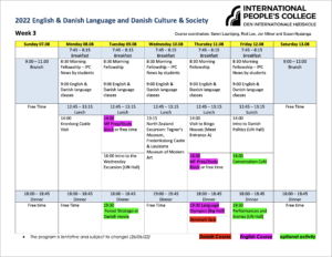 Programme for 2022 English & Danish Language and Danish Culture & Society week 3 International People's College a Folk High School in Elsinore/Helsingør Denmark