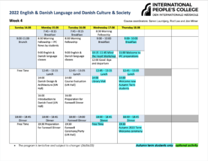 Programme for 2022 English & Danish Language and Danish Culture & Society week 4 International People's College a Folk High School in Elsinore/Helsingør Denmark